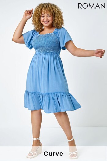 Roman Blue Curve Shirred Stretch Denim Dress (Q38278) | £40