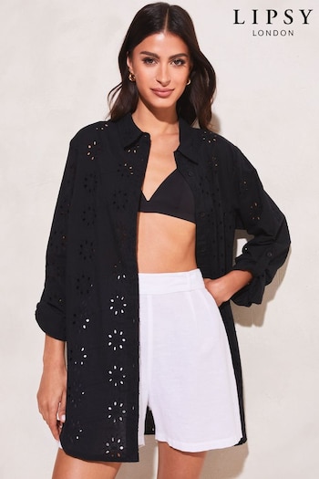 Lipsy Black Broderie Button Up Beach Shirt (Q38294) | £39