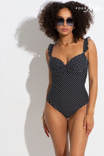 Pour Moi Black and White Sicily Lightly Padded Underwired Frill Swimsuit (Q38346) | £48