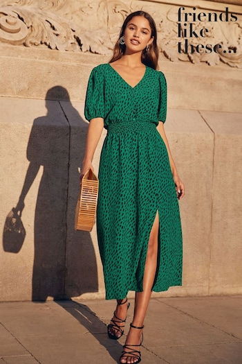 New: Last 7 Days Green Petite Puff Sleeve Ruched Waist V Neck Midi Summer Dress (Q38420) | £38