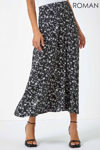 Roman Black Ditsy Floral Print Midi Skirt (Q38458) | £26