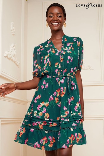 Love & Roses Green Printed Lace Mix V Neck Short Sleeve Mini Dress (Q38487) | £56