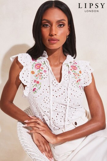 Lipsy White Embroidery Pretty Frill Neck Tie Ruffle Short Sleeve Shell Top (Q38527) | £36