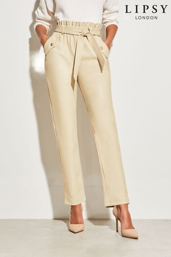 Lipsy Cream Faux Leather Military Button Paperbag Trousers (Q38534) | £48