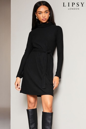 Lipsy Black Roll Neck Belted Shift Cosy Mini Dress (Q38536) | £39