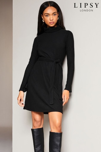 Lipsy Black Roll Neck Belted Shift Cosy Jumper Dress (Q38536) | £39