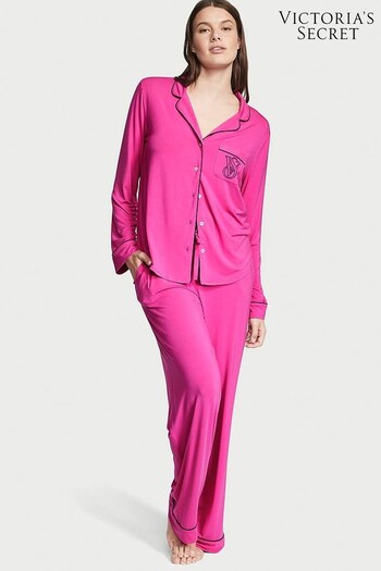 Victoria's Secret Fuschia Frenzy Pink Pocket Embroidery Modal Long Pyjamas (Q38651) | £59