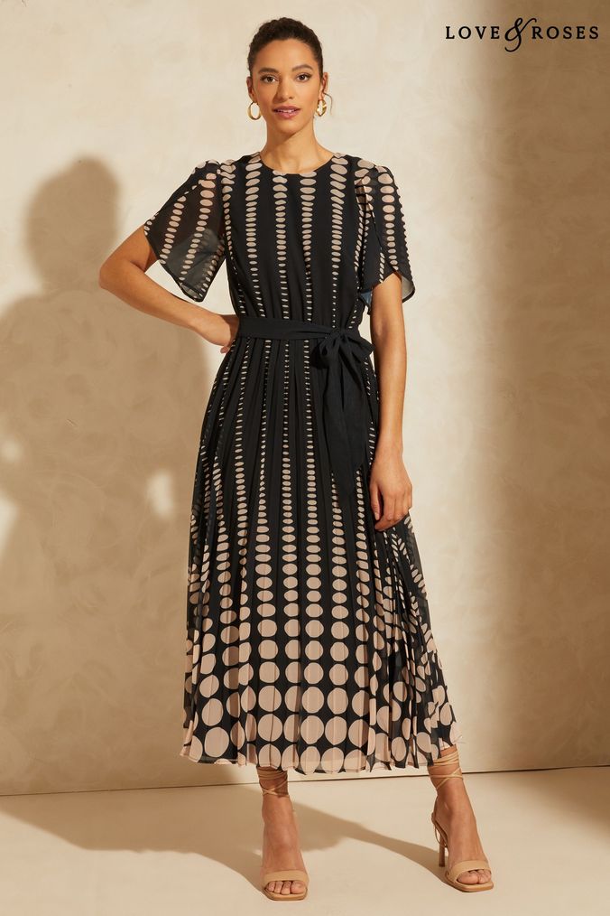 Gifts for Him Black Spot Printed Tulip Sleeve Belted Pleated Midi Summer Dress (Q38676) | £72