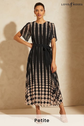 Love & Roses Black Spot Petite Printed Tulip Sleeve Belted Pleated Midi Summer Dress (Q38677) | £72