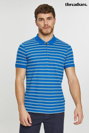 Threadbare Blue Zip Collar Striped Pique Polo Shirt (Q38699) | £20