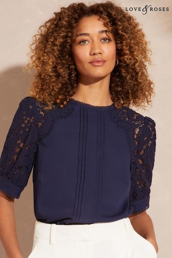 Love & Roses Navy Short Sleeve Lace Trim Bow Back Blouse (Q38709) | £36