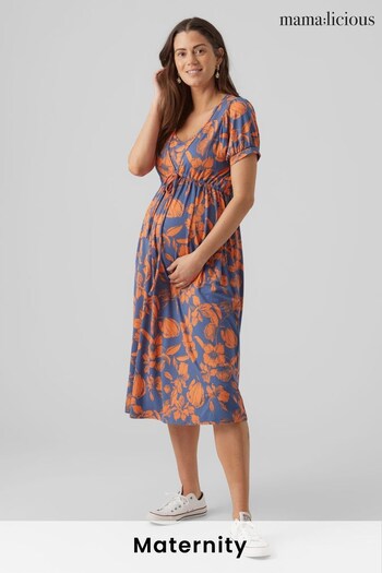 Mamalicious True Navy Mandarin Orange Maternity And Nursing Function Floral Midi Dress (Q38723) | £42