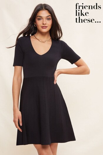 Friends Like These Black Short Sleeve Scoop Neck Knitted Fit and Flare Dress (Q38792) | £44