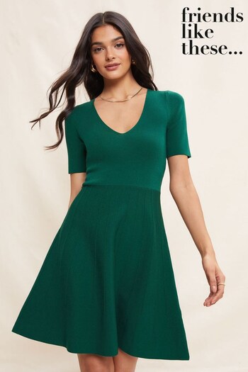 Friends Like These Green Short Sleeve Scoop Neck Knitted Fit and Flare Dress (Q38793) | £44