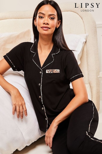 Lipsy Black Printed Jersey Shirt Trousers Pyjamas (Q38811) | £38