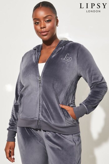 Lipsy Grey Curve Embroidered Patch Velour Zip Up Hoodie (Q38815) | £19.50
