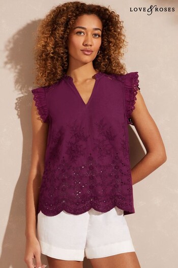 Love & Roses Berry Broderie Ruffle Sleeve V Neck T-Shirt (Q38828) | £28