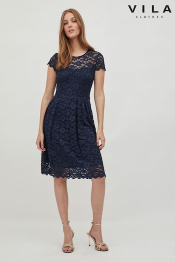 VILA Navy Blue Short Sleeve Lace Pleated Occasion Dress (Q38837) | £38