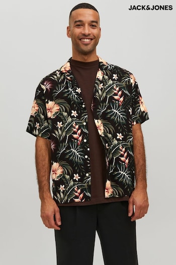 JACK & JONES Black Floral Print Revere Collar Short Sleeve Resort Shirt (Q38842) | £25