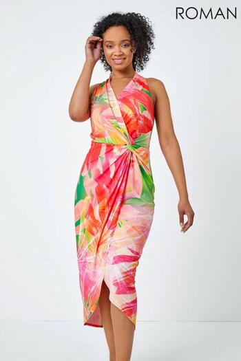 Roman Pink Multi Tropical Leaf Stretch Wrap Dress (Q38860) | £48