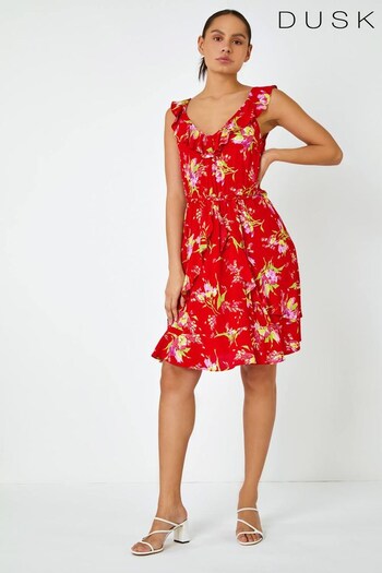 Dusk Red Floral Frill Detail Fit & Flare Dress (Q38870) | £50