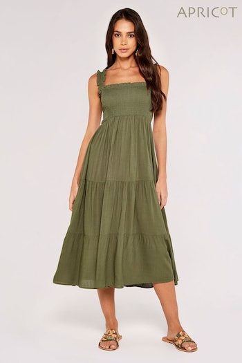 Apricot Green Slub Smock Tiered Midi Dress (Q38964) | £35