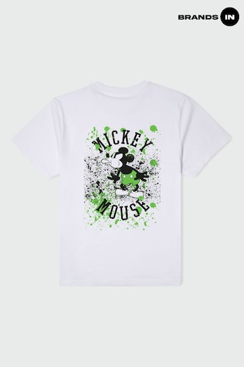 Brands In WHITE Mickey Mouse Lime Splatter Men White  Disney T-Shirt (Q38989) | £23