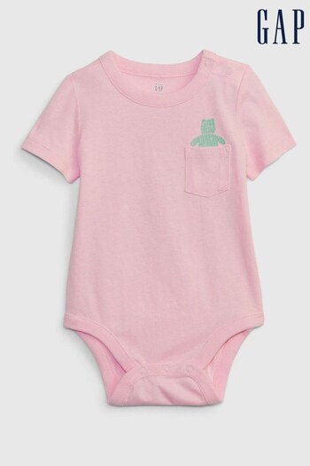 Gap Pink Brannan Bear Pocket Short Sleeve Baby Bodysuit (Q39008) | £8
