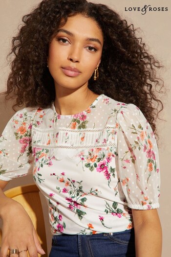 Love & Roses White Floral Scallop Dobby Yoke Round Neck Short Sleeve Jersey Top (Q39041) | £32