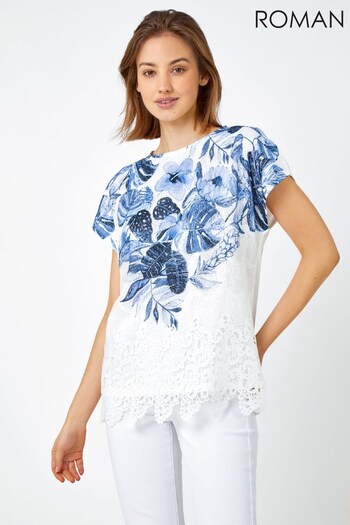Roman Blue & White Floral Border Lace Trim Jersey Top (Q39126) | £30