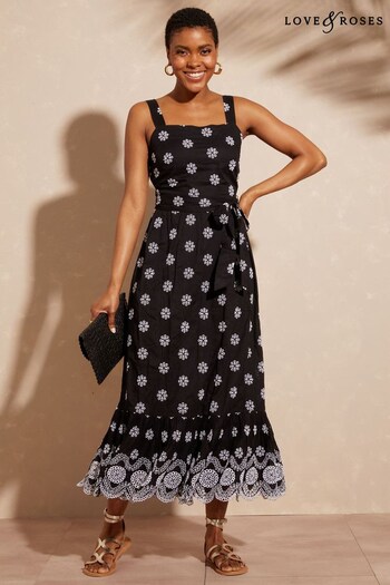 Love & Roses Black/Black Broderie Cutwork Cami Scallop Hem Belted Midi Dress (Q39204) | £62