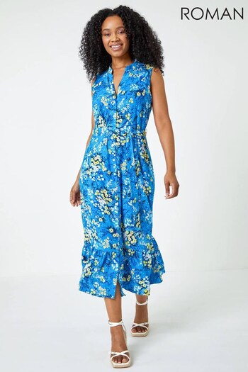 Roman Blue Multi Petite Floral Frill Hem Sleeveless Dress (Q39210) | £42