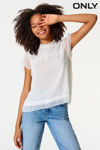 ONLY White Dobby Lace Detail Frill Top (Q39216) | £24