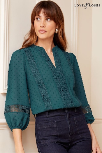 Love & Roses Teal Green Petite Ruffle Neck Lace Trim Tie Cuff 3/4 Sleeve Dobby Spot Blouse (Q39247) | £21