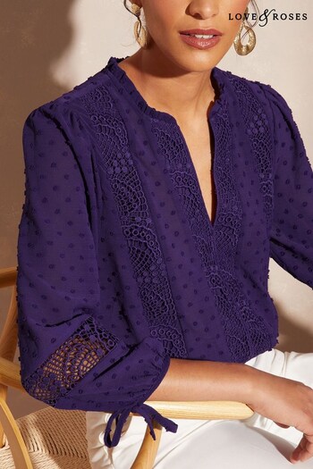 Mens Grooming Electricals Purple Petite Frill Ruffle Neck Lace Trim Tie Cuff 3/4 Sleeve Dobby Blouse (Q39248) | £38