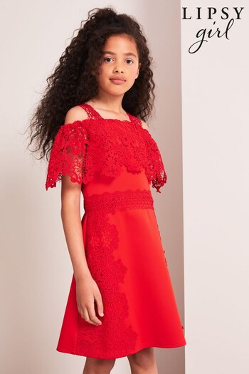 Lipsy Red Lace Mix Scuba Occasion Dress (Q39265) | £48 - £56