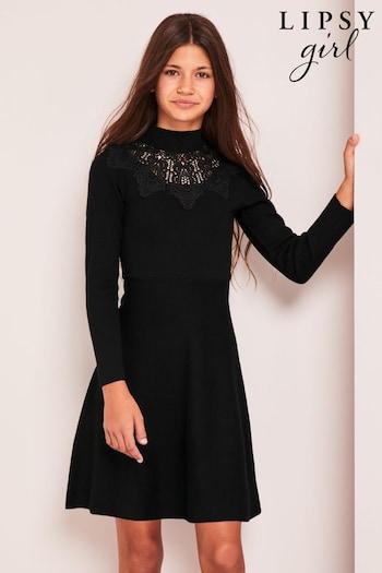 Lipsy Black Lace Yoke Long Sleeve Knitted ruched Dress (Q39273) | £40 - £48