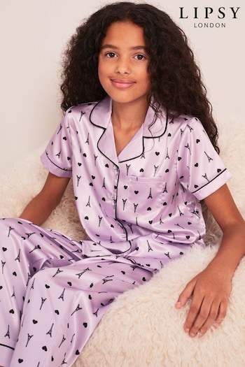 Lipsy Purple Satin Shirt And Long Leg Pyjamas (Q39279) | £24 - £32