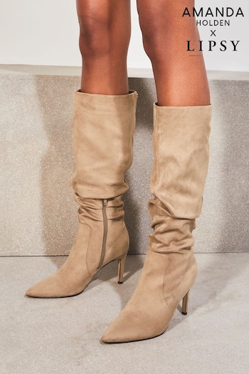 Lipsy Camel Regular Fit Long Knee High Ruched Mid Heeled Boot (Q39286) | £66