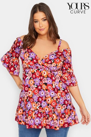 Yours Curve Red Mixed Floral Shirred Cold Shoulder Top (Q39331) | £27