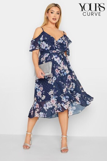 Yours Curve Blue London Floral Cold Shoulder Wrap Dress (Q39385) | £65