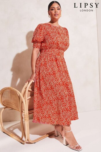 Lipsy Red Spot Curve Puff Sleeve Tie Waist Summer Midi Mini Dress (Q39438) | £29