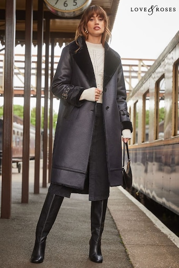 Tops & T-Shirts Black Bonded Faux Fur Double Breasted Shearling Long Line Coat (Q39439) | £98