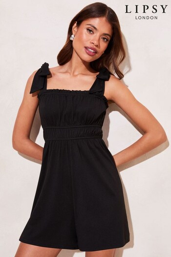 Lipsy Black Bow Strap Ruched Waist Playsuit (Q39445) | £29