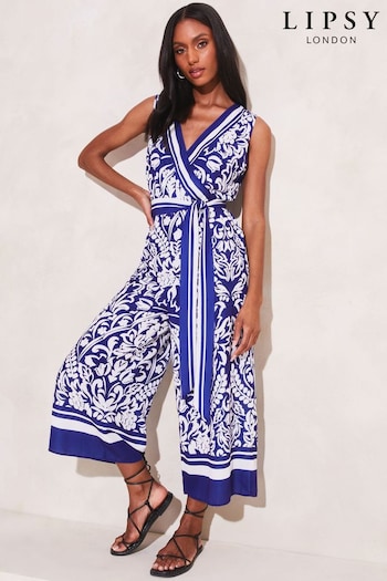 Lipsy Blue Printed Wrap Belted Culotte Wide Leg Jumpsuit (Q39446) | £55