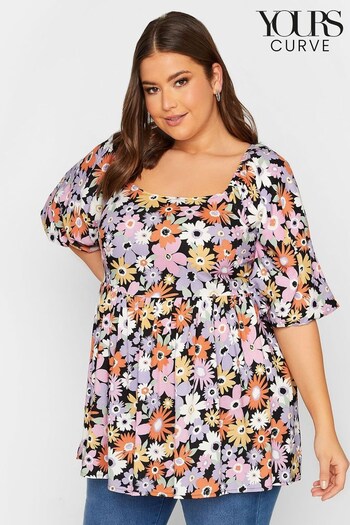Yours Curve Black Mixed Floral Short Sleeve Bow Back Top (Q39464) | £25
