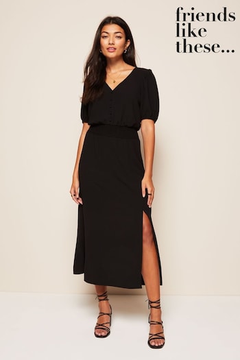 Gifts £50 - £100 Black Petite Puff Sleeve Ruched Waist V Neck Midi Summer Dress (Q39584) | £38