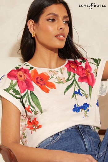 Love & Roses Ivory Floral Roll Sleeve Round Neck T-Shirt (Q39608) | £25