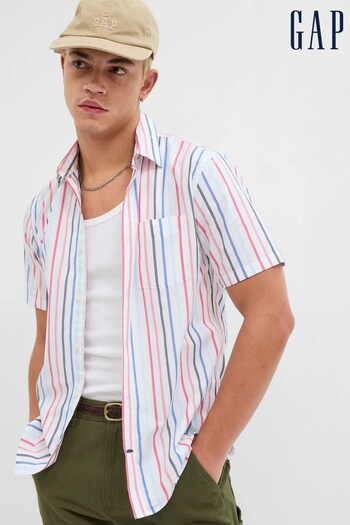 Gap Blue and Red Stripe Stretch Poplin Shirt in Slim Fit (Q39627) | £30