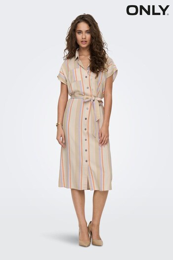 ONLY Cream Stripe Shirt buttoned Dress Contains Linen (Q39719) | £38